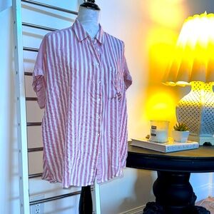 Jane + Delancey Large Vertical Pink n’ White Dolmen Short Sleeve Button Down